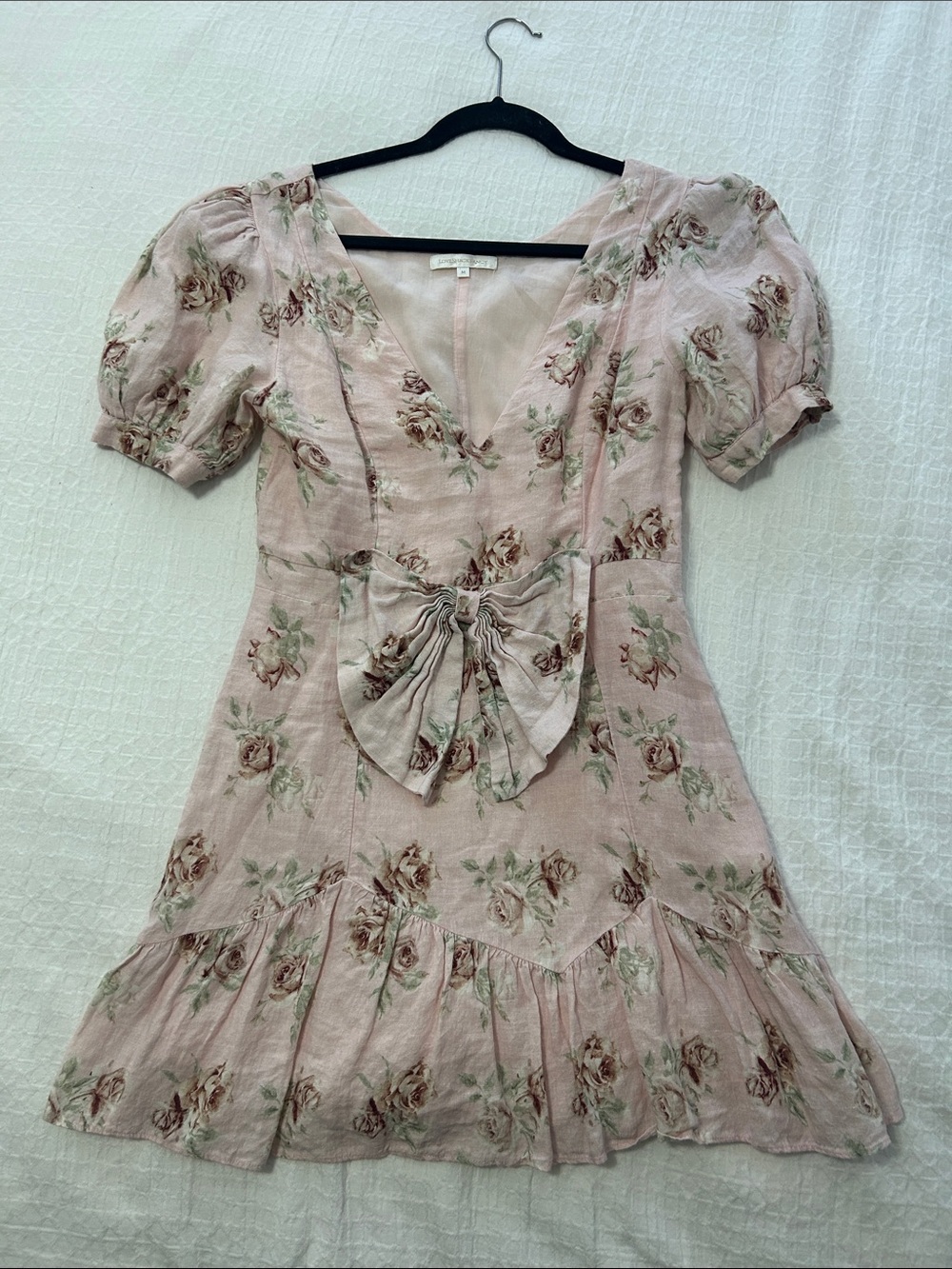 LoveShackFancy Blush Pink Floral Mini Dress with Front Bow